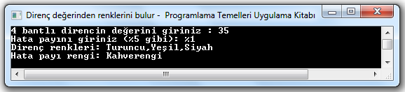 3.3.14 UYGULAMA ADI : DİRENÇ DEĞERİNDEN RENKLERİ BULAN PROGRAM DİZİ UYGULAMASI - 13 1) Kullanıcı tarafından değeri girilen direncin renklerini ekrana yazdıran programın ekran görüntüsü ve kodları