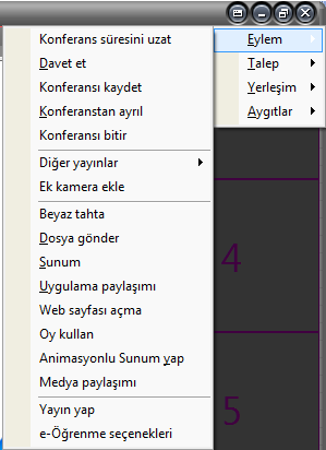 Eylem: Bu menüde konferansı bitir/uzat,konferanstan ayrıl.. gibi seçeneklerin yanında aynı zamanda uygulama seçeneklerinin de listelendiğini görebiliriz.