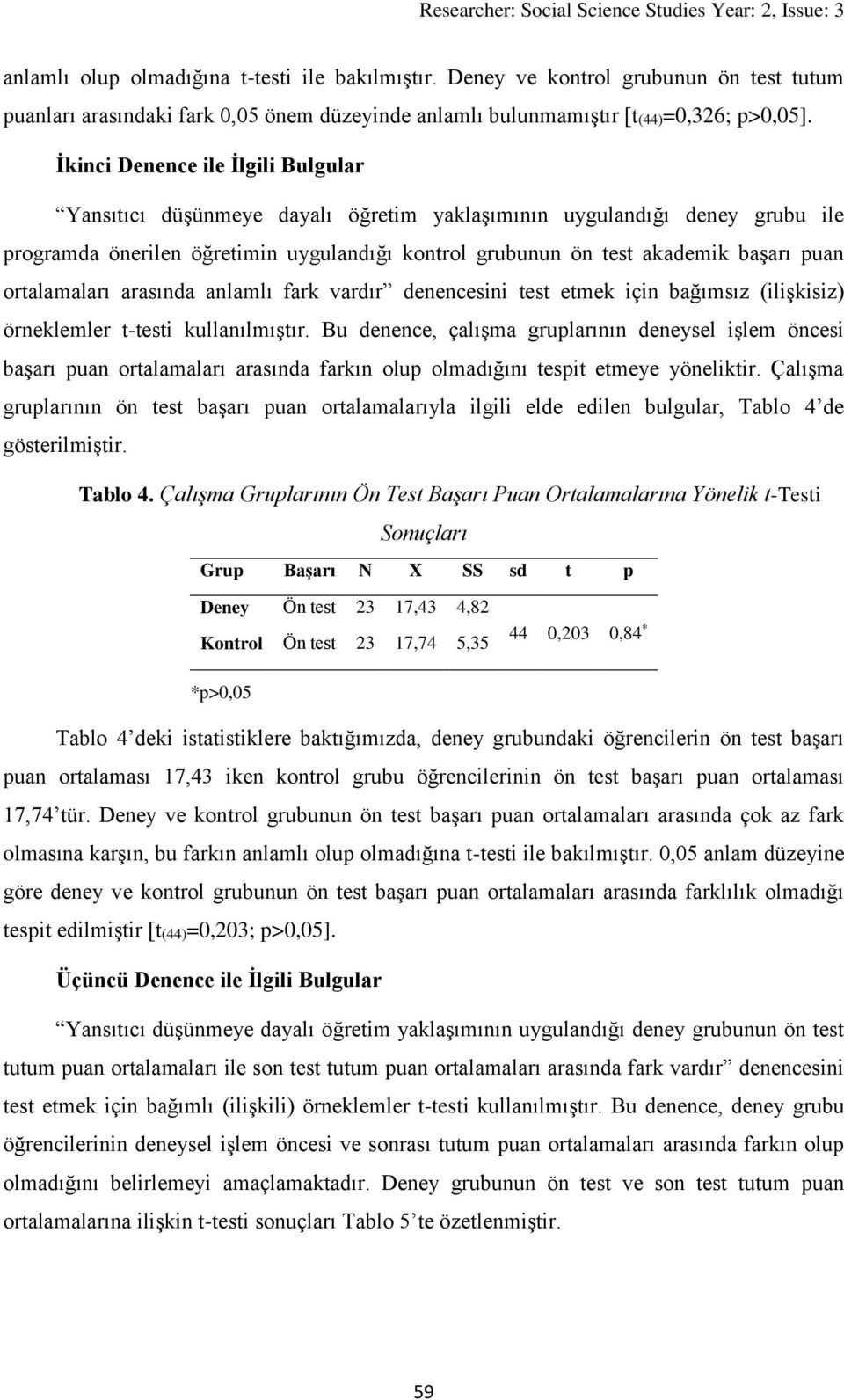 ortalamaları arasında anlamlı fark vardır denencesini test etmek için bağımsız (ilişkisiz) örneklemler t-testi kullanılmıştır.