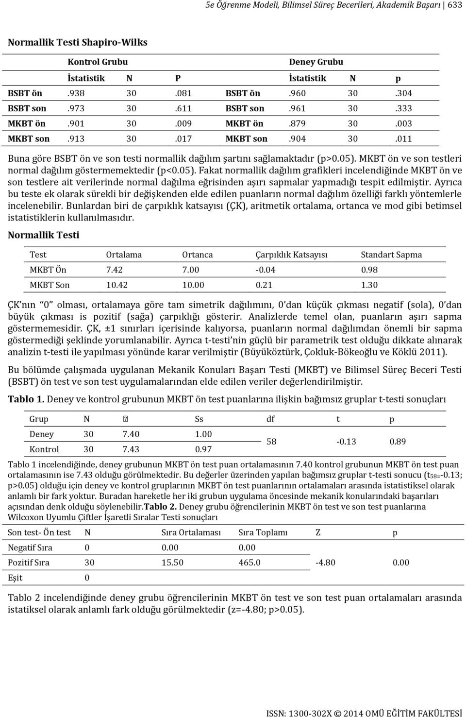MKBT ön ve son testleri normal dağılım göstermemektedir (p<0.05).