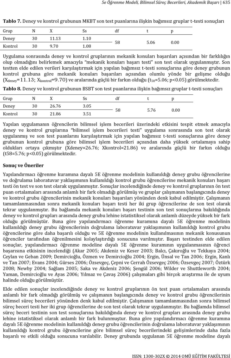 00 Uygulama sonrasında deney ve kontrol gruplarının mekanik konuları başarıları açısından bir farklılığın olup olmadığını belirlemek amacıyla mekanik konuları başarı testi son test olarak