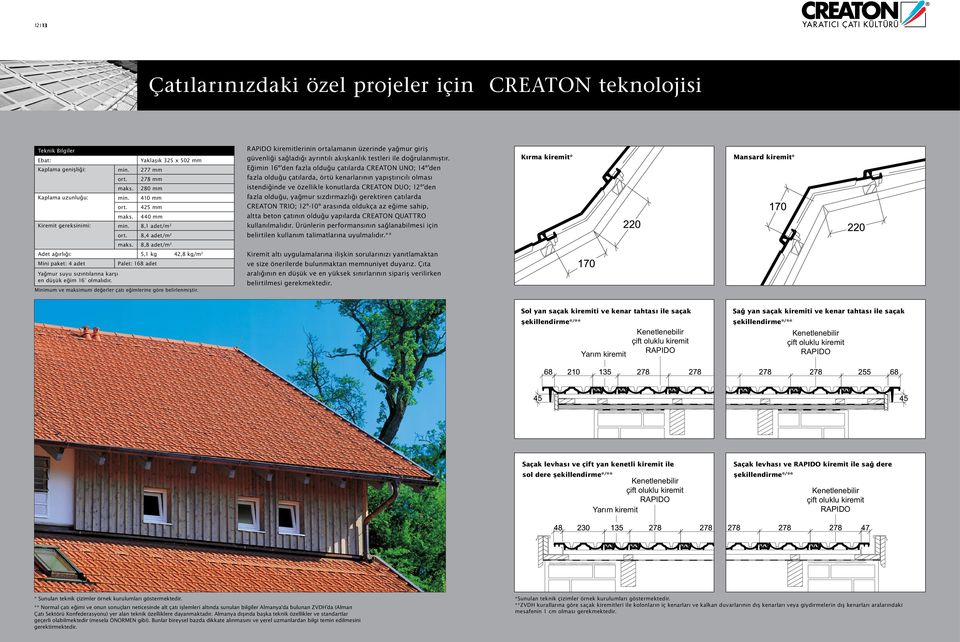Eğiin 16º den fazla olduğu çatılarda CREATON UNO; 14º den fazla olduğu çatılarda, örtü kenarlarının yapıştırıcılı olası istendiğinde ve özellikle konutlarda CREATON DUO; 12º den fazla olduğu, yağur
