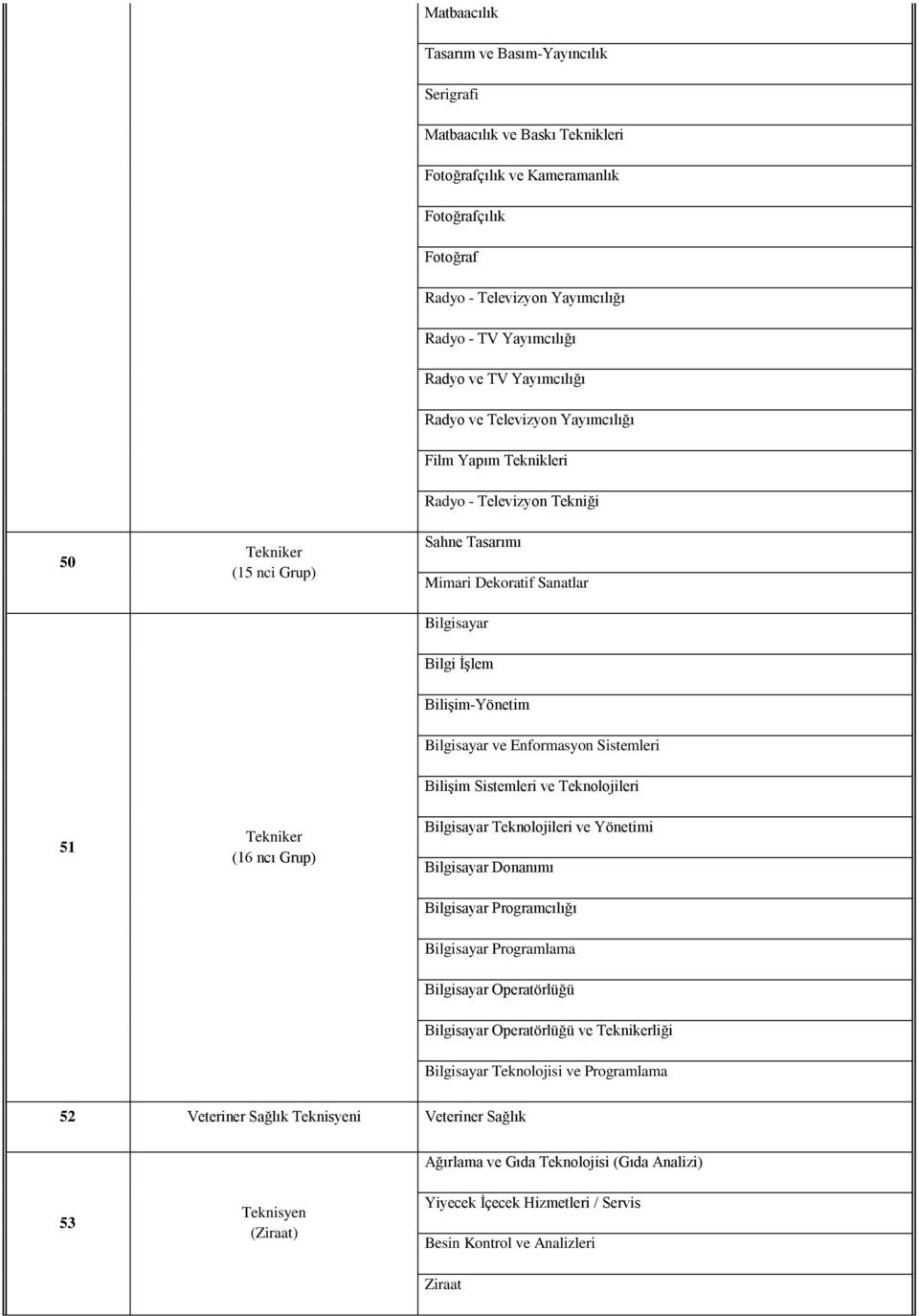 Bilgisayar ve Enformasyon Sistemleri 51 (16 ncı Grup) Bilişim Sistemleri ve Teknolojileri Bilgisayar Teknolojileri ve Yönetimi Bilgisayar Donanımı Bilgisayar Programcılığı Bilgisayar Programlama