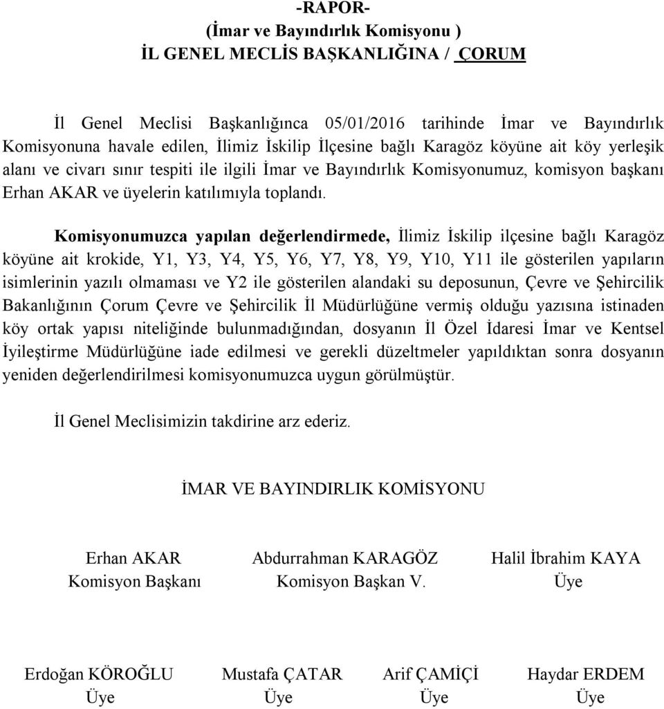 Komisyonumuzca yapılan değerlendirmede, İlimiz İskilip ilçesine bağlı Karagöz köyüne ait krokide, Y1, Y3, Y4, Y5, Y6, Y7, Y8, Y9, Y10, Y11 ile gösterilen yapıların isimlerinin yazılı olmaması ve Y2