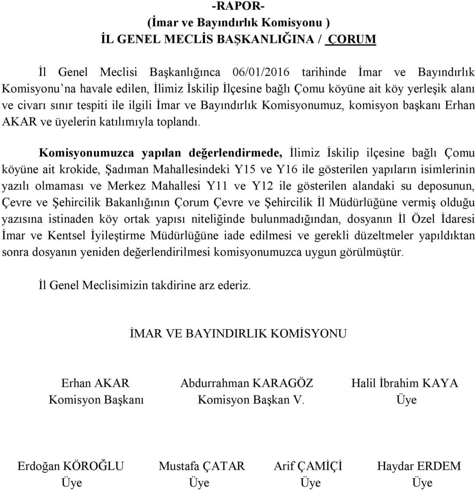 Komisyonumuzca yapılan değerlendirmede, İlimiz İskilip ilçesine bağlı Çomu köyüne ait krokide, Şadıman Mahallesindeki Y15 ve Y16 ile gösterilen yapıların isimlerinin yazılı olmaması ve Merkez