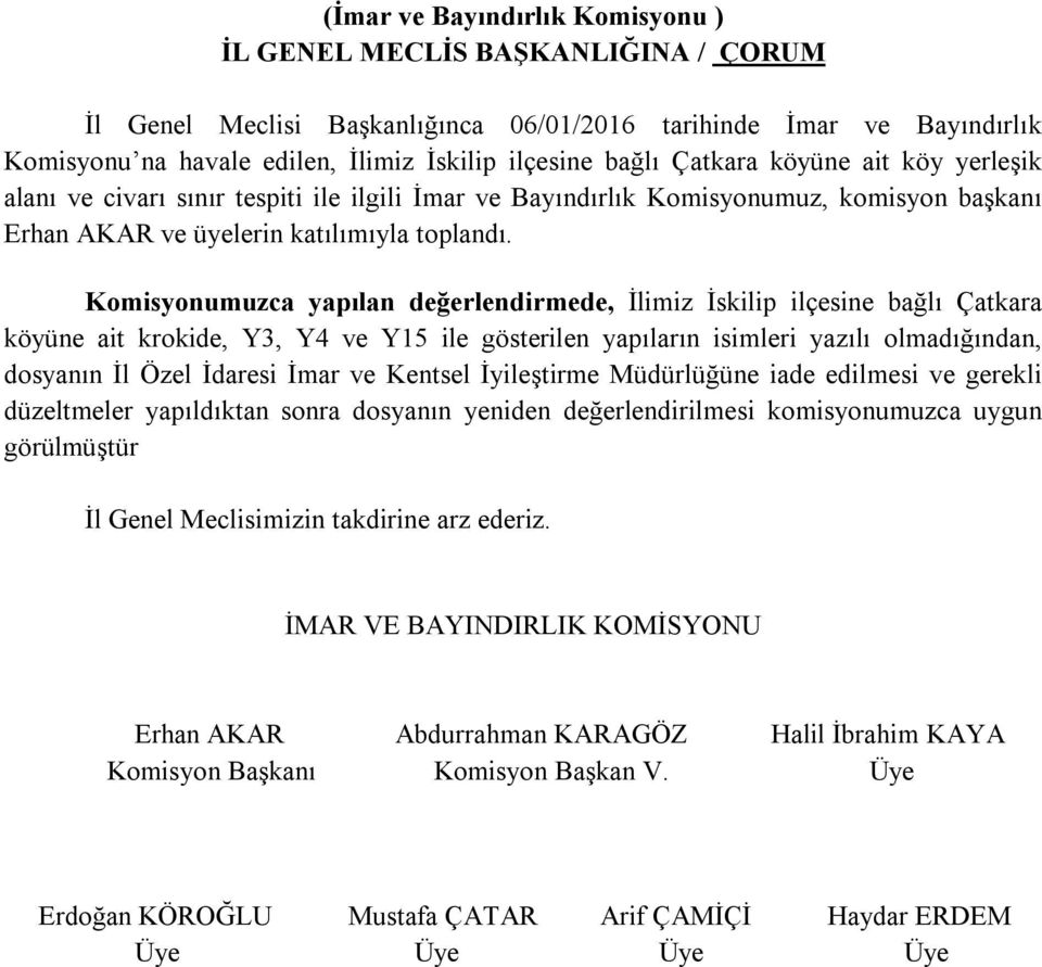 Komisyonumuzca yapılan değerlendirmede, İlimiz İskilip ilçesine bağlı Çatkara köyüne ait krokide, Y3, Y4 ve Y15 ile gösterilen yapıların isimleri yazılı