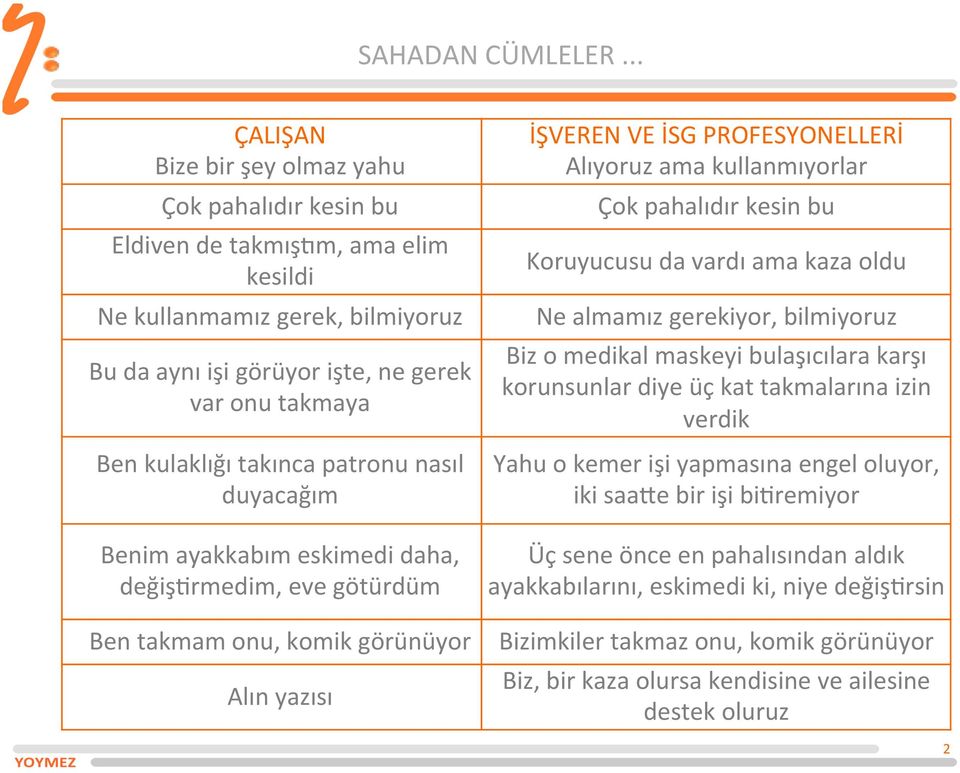 takınca patronu nasıl duyacağım Benim ayakkabım eskimedi daha, değiş\rmedim, eve götürdüm Ben takmam onu, komik görünüyor Alın yazısı İŞVEREN VE İSG PROFESYONELLERİ Alıyoruz ama kullanmıyorlar Çok