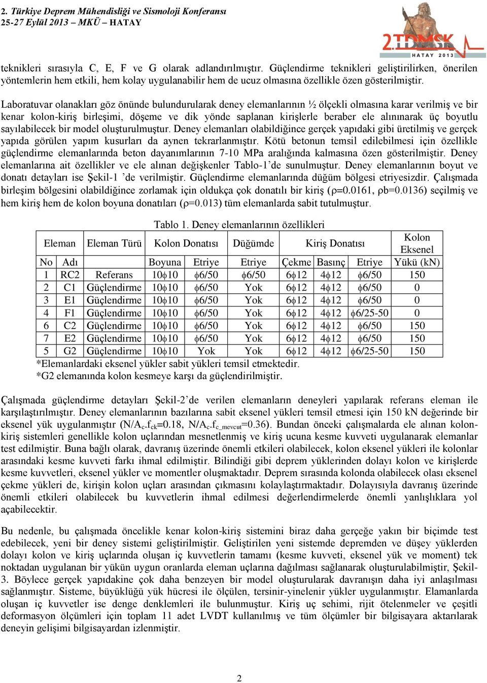 Laboratuvar olanakları göz önünde bulundurularak deney elemanlarının ½ ölçekli olmasına karar verilmiş ve bir kenar kolon-kiriş birleşimi, döşeme ve dik yönde saplanan kirişlerle beraber ele