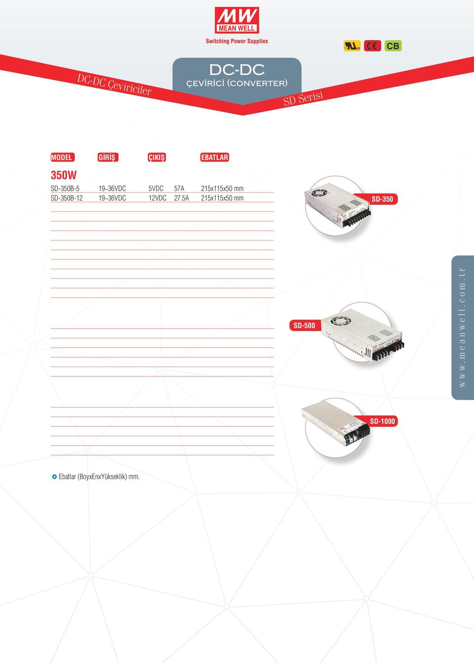 5A 215x115x50 mm SD-350C-24 36~72VDC 24VDC 14.6A 215x115x50 mm SD-350C-48 36~72VDC 48VDC 7.3A 215x115x50 mm SD-350D-5 72~144VDC 5VDC 60A 215x115x50 mm SD-350D-12 72~144VDC 12VDC 29.