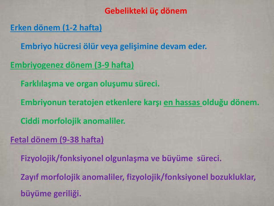 Embriyonun teratojen etkenlere karşı en hassas olduğu dönem. Ciddi morfolojik anomaliler.