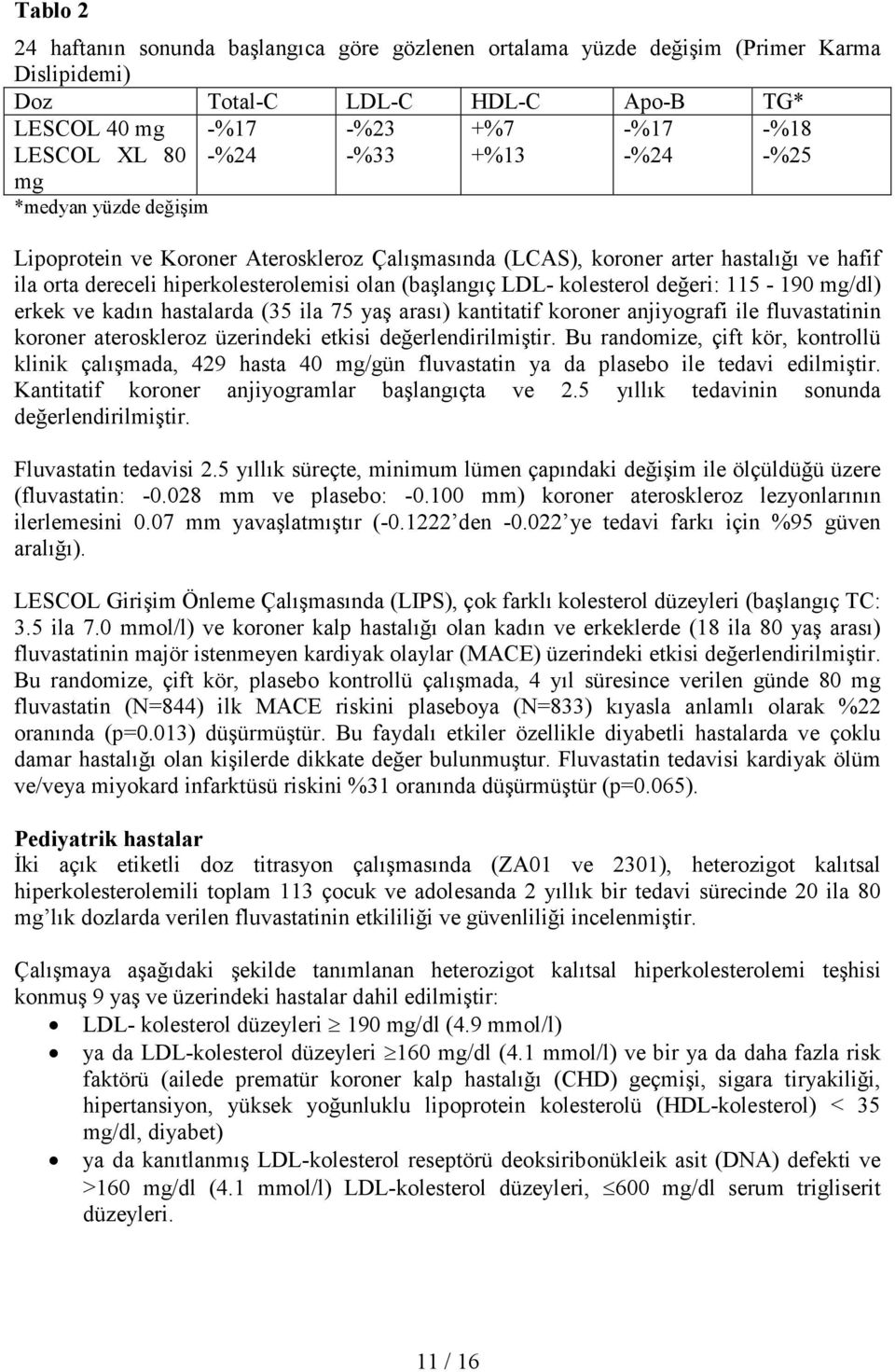 değeri: 115-190 mg/dl) erkek ve kadın hastalarda (35 ila 75 yaş arası) kantitatif koroner anjiyografi ile fluvastatinin koroner ateroskleroz üzerindeki etkisi değerlendirilmiştir.