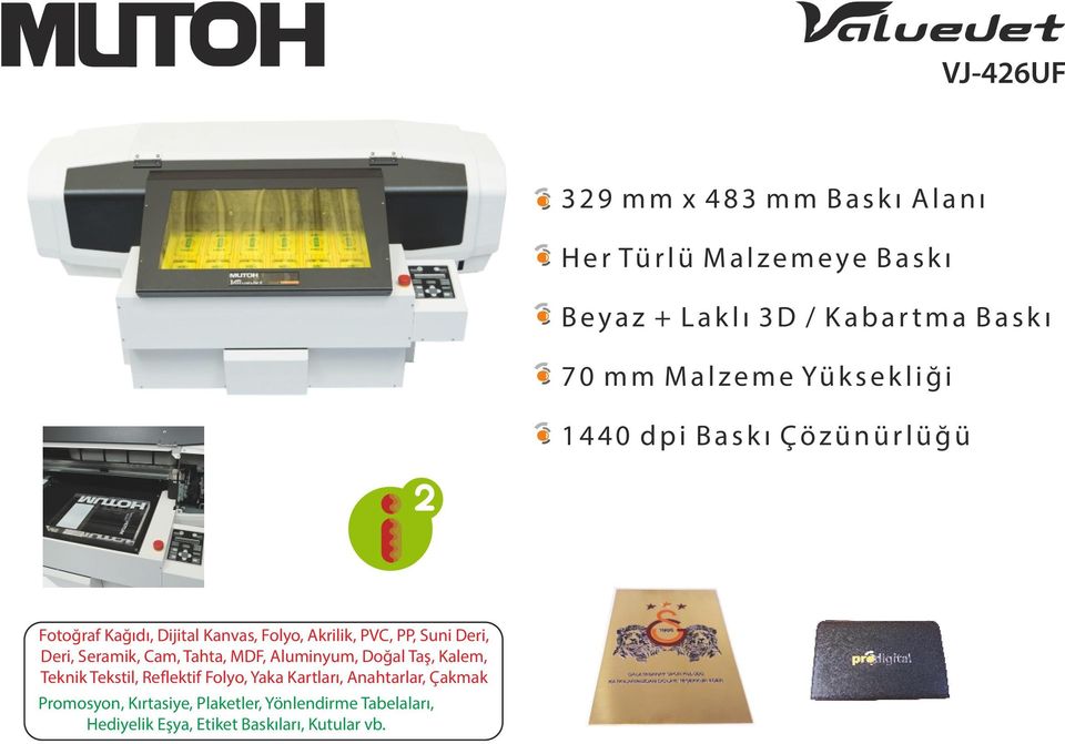 Folyo, Akrilik, PVC, PP, Suni Deri, Deri, Seramik, Cam, Tahta, MDF, Aluminyum, Doğal Taş, Kalem, Teknik Tekstil, Reflektif Folyo,