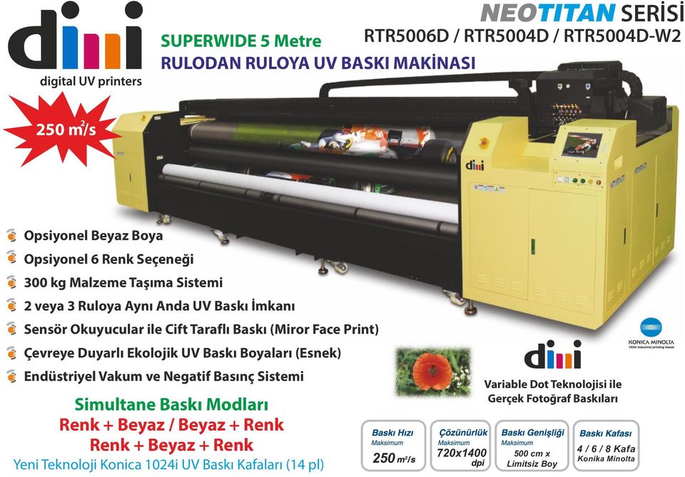 UV Baskı Boyaları (Esnek) Endüstriyel Vakum ve Negatif Basınç Sistemi Simultane Baskı Modları Renk + Beyaz / Beyaz + Renk Renk + Beyaz + Renk Yeni Teknoloji