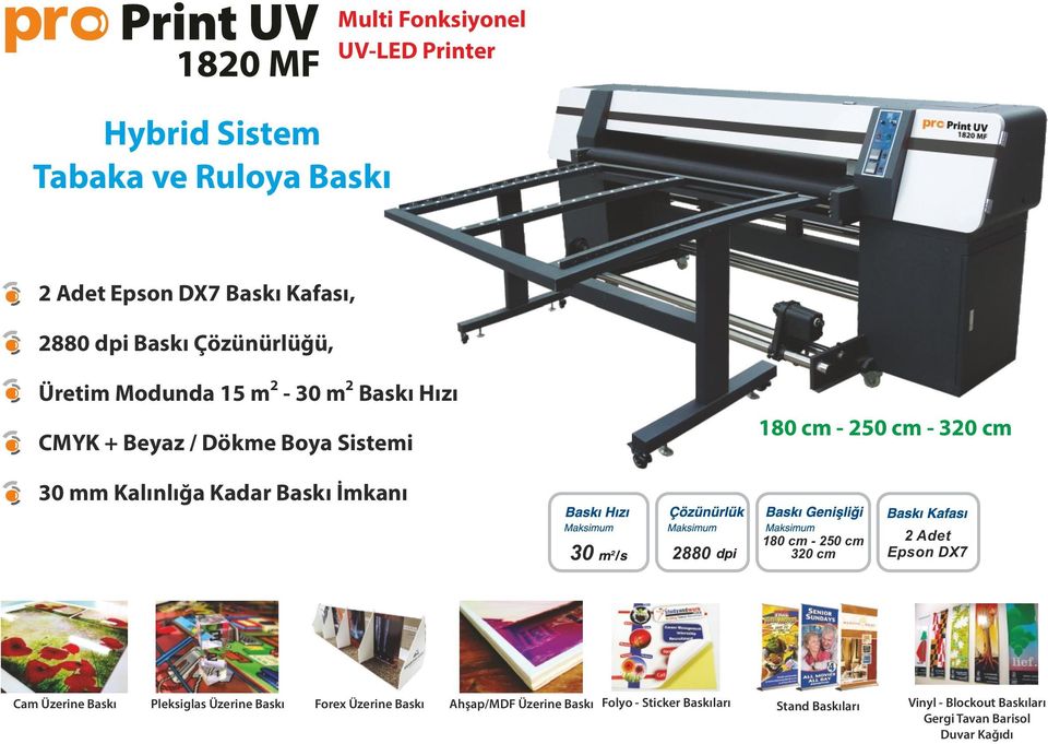 Kalınlığa Kadar Baskı İmkanı 30 2880 180 cm - 250 cm 320 cm 2 Adet Epson DX7 Cam Üzerine Baskı Pleksiglas Üzerine Baskı Forex