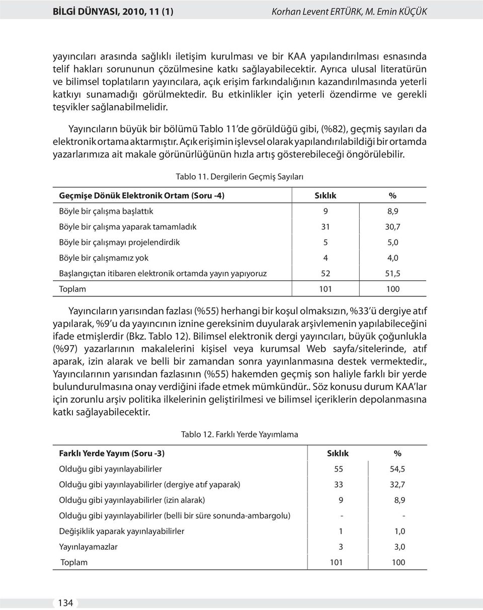 Ayrıca ulusal literatürün ve bilimsel toplatıların yayıncılara, açık erişim farkındalığının kazandırılmasında yeterli katkıyı sunamadığı görülmektedir.