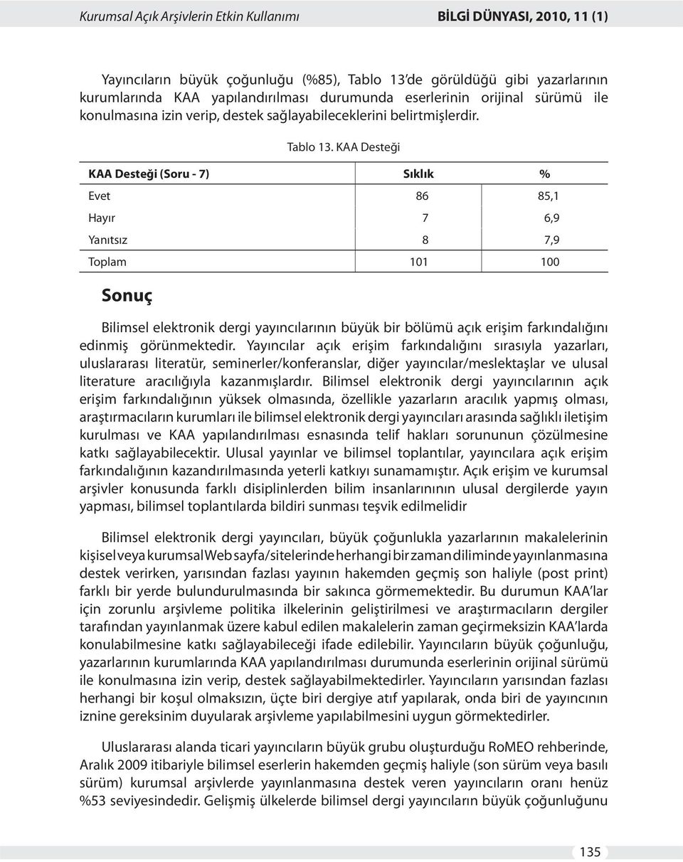 KAA Desteği KAA Desteği (Soru - 7) Sıklık % Evet 86 85,1 Hayır 7 6,9 Yanıtsız 8 7,9 Toplam 101 100 Sonuç Bilimsel elektronik dergi yayıncılarının büyük bir bölümü açık erişim farkındalığını edinmiş