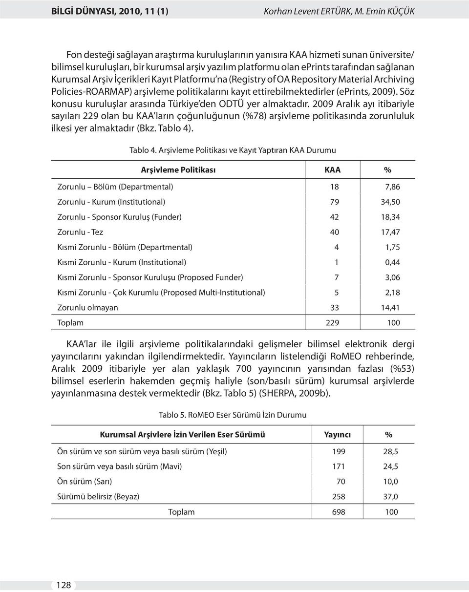 Arşiv İçerikleri Kayıt Platformu na (Registry of OA Repository Material Archiving Policies-ROARMAP) arşivleme politikalarını kayıt ettirebilmektedirler (eprints, 2009).