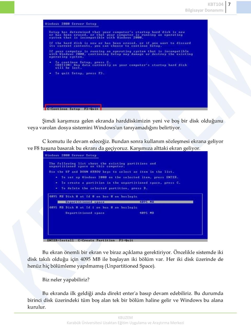 Bu ekran önemli bir ekran ve biraz açıklama gerektiriyor. Öncelikle sistemde iki disk takılı olduğu için 4095 MB ile başlayan iki bölüm var.