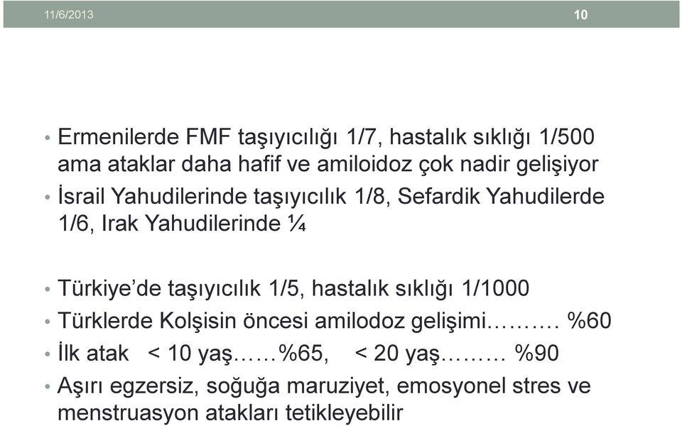 de taşıyıcılık 1/5, hastalık sıklığı 1/1000 Türklerde Kolşisin öncesi amilodoz gelişimi.