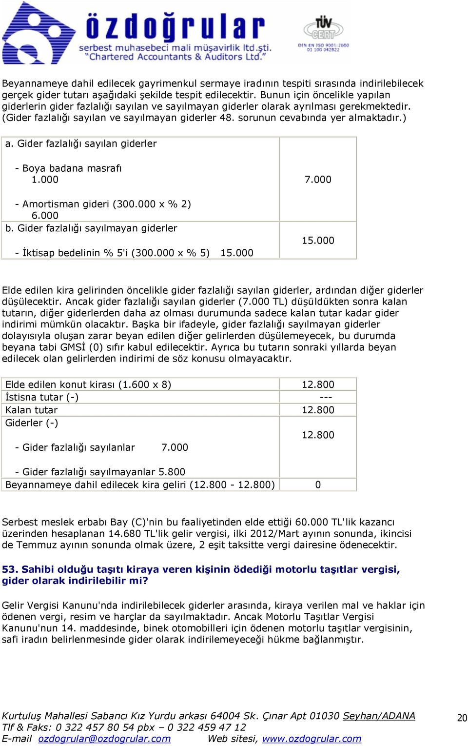 sorunun cevabında yer almaktadır.) a. Gider fazlalığı sayılan giderler - Boya badana masrafı 1.000 - Amortisman gideri (300.000 x % 2) 6.000 b.