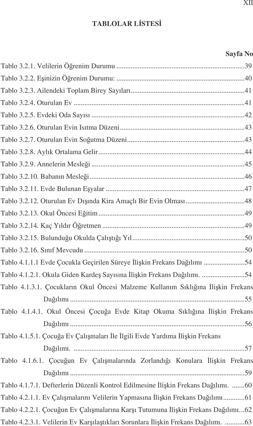 Babanın Meslei...46 Tablo 3.2.11. Evde Bulunan Eyalar...47 Tablo 3.2.12. Oturulan Ev Dıında Kira Amaçlı Bir Evin Olması...48 Tablo 3.2.13. Okul Öncesi Eitim...49 Tablo 3.2.14. Kaç Yıldır Öretmen.