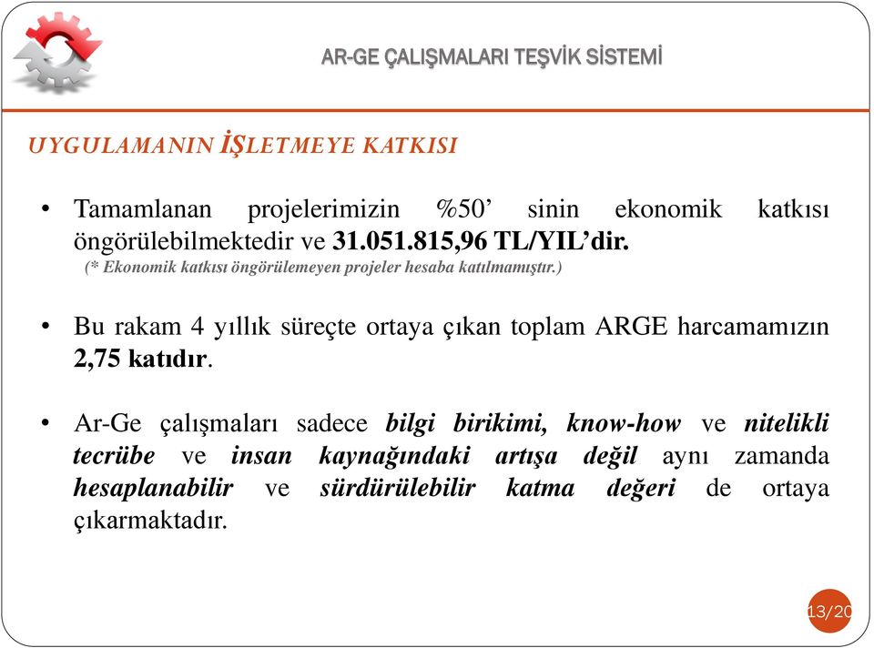 ) Bu rakam 4 yıllık süreçte ortaya çıkan toplam ARGE harcamamızın 2,75 katıdır.