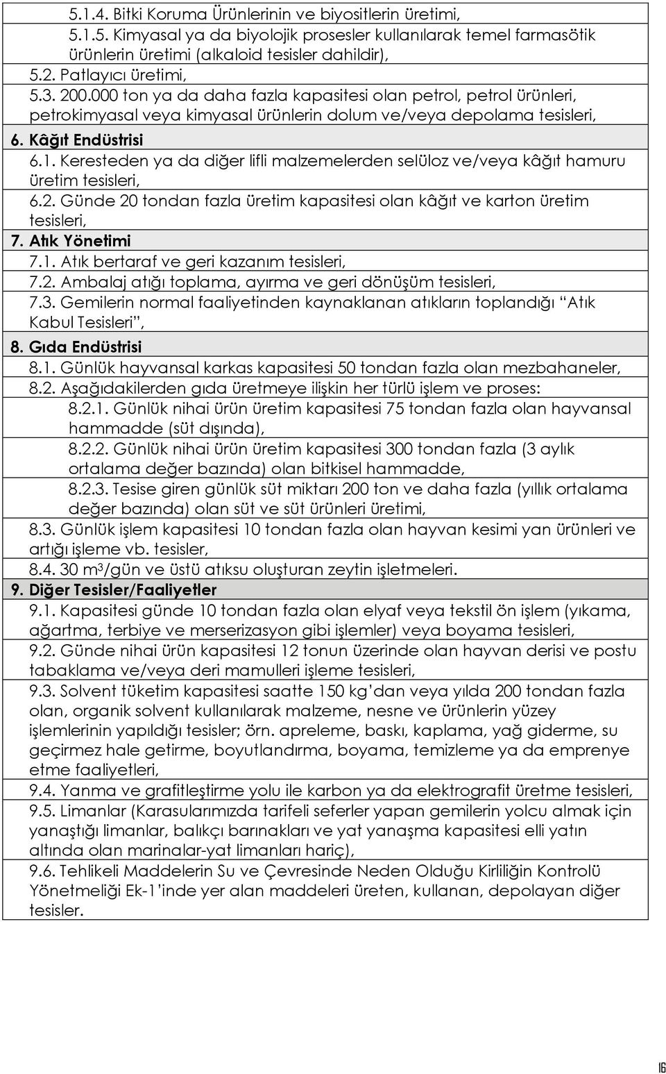 Keresteden ya da diğer lifli malzemelerden selüloz ve/veya kâğıt hamuru üretim tesisleri, 6.2. Günde 20 tondan fazla üretim kapasitesi olan kâğıt ve karton üretim tesisleri, 7. Atık Yönetimi 7.1.