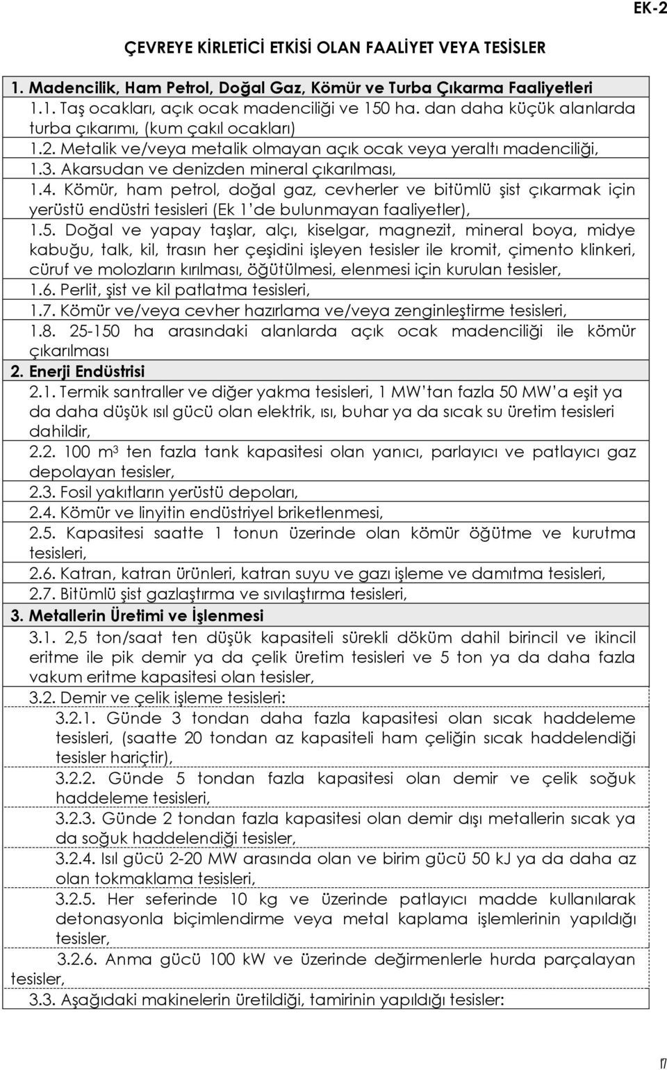 Kömür, ham petrol, doğal gaz, cevherler ve bitümlü şist çıkarmak için yerüstü endüstri tesisleri (Ek 1 de bulunmayan faaliyetler), 1.5.