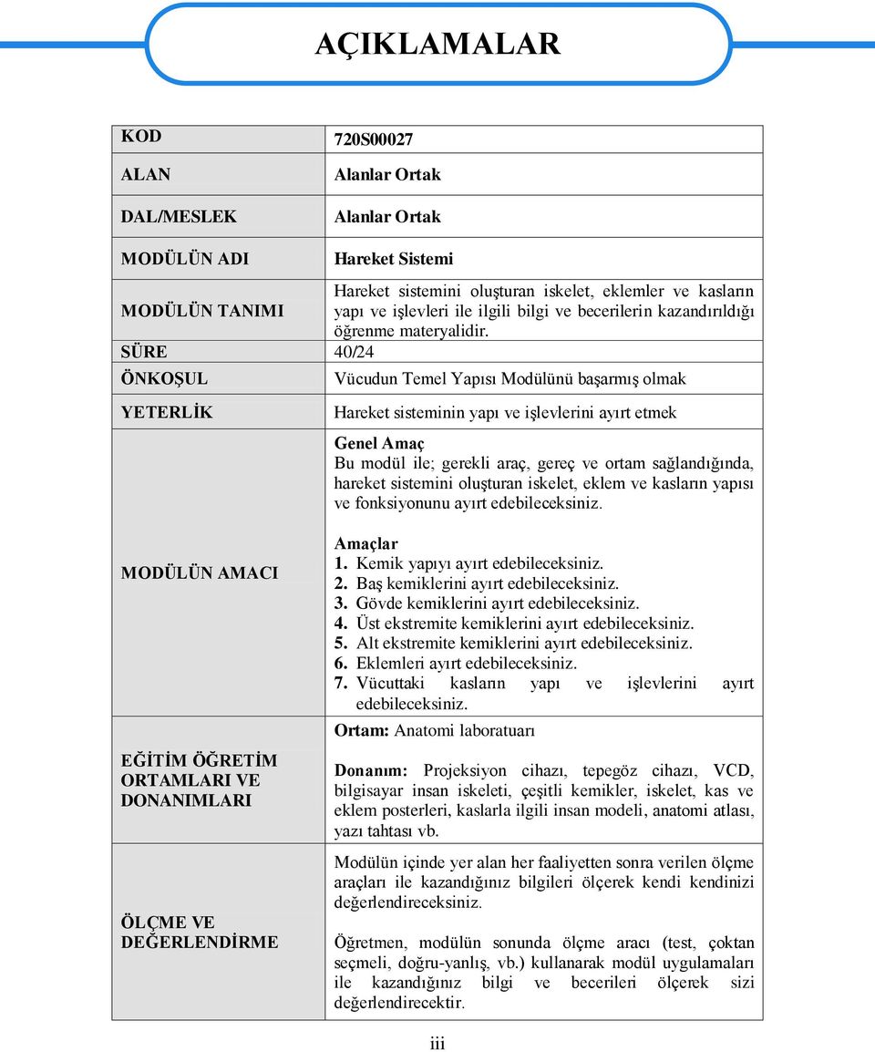 SÜRE 40/24 ÖNKOġUL YETERLĠK Vücudun Temel Yapısı Modülünü baģarmıģ olmak Hareket sisteminin yapı ve iģlevlerini ayırt etmek Genel Amaç Bu modül ile; gerekli araç, gereç ve ortam sağlandığında,