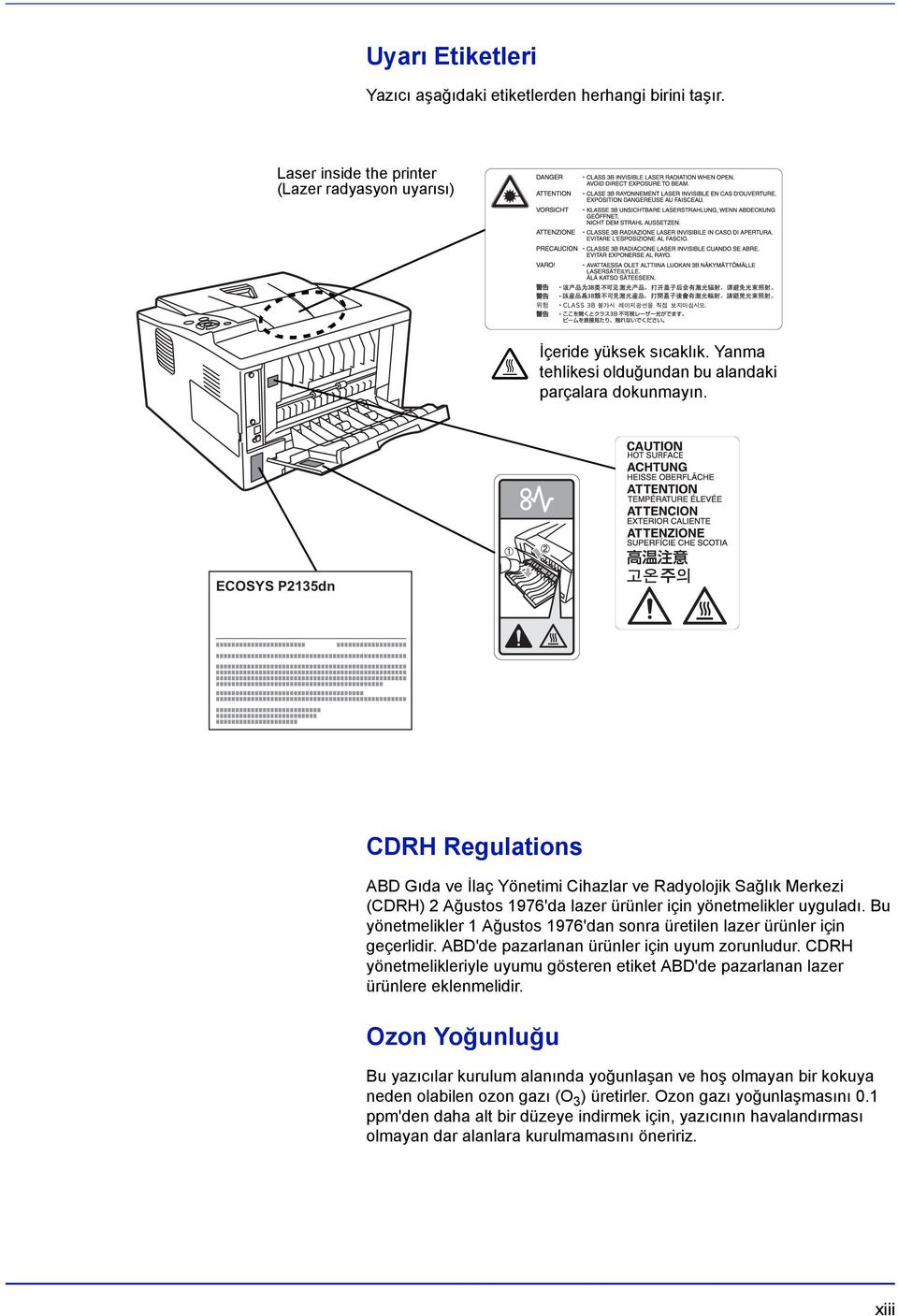 ECOSYS P2135dn CDRH Regulations ABD Gıda ve İlaç Yönetimi Cihazlar ve Radyolojik Sağlık Merkezi (CDRH) 2 Ağustos 1976'da lazer ürünler için yönetmelikler uyguladı.
