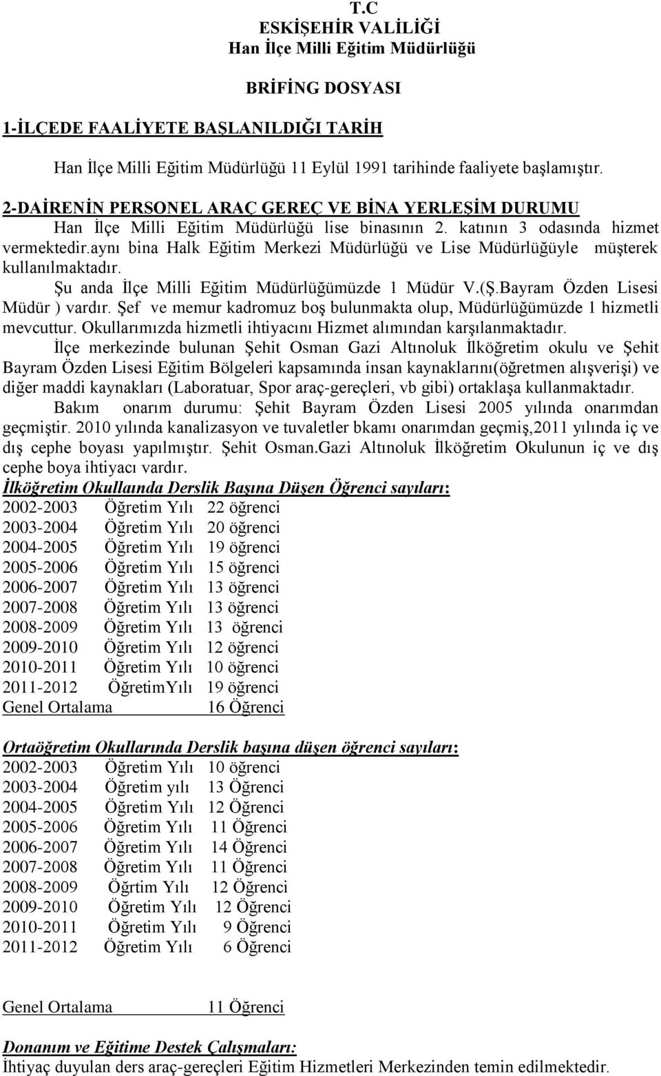 aynı bina Halk Eğitim Merkezi Müdürlüğü ve Lise Müdürlüğüyle müşterek kullanılmaktadır. Şu anda İlçe Milli Eğitim Müdürlüğümüzde 1 Müdür V.(Ş.Bayram Özden Lisesi Müdür ) vardır.