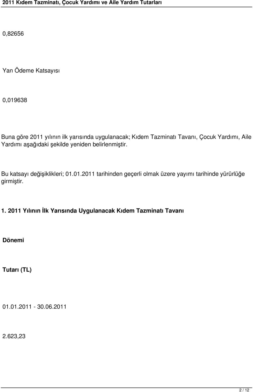 Bu katsayı değişiklikleri; 01.01.2011 tarihinden geçerli olmak üzere yayımı tarihinde yürürlüğe girmiştir.