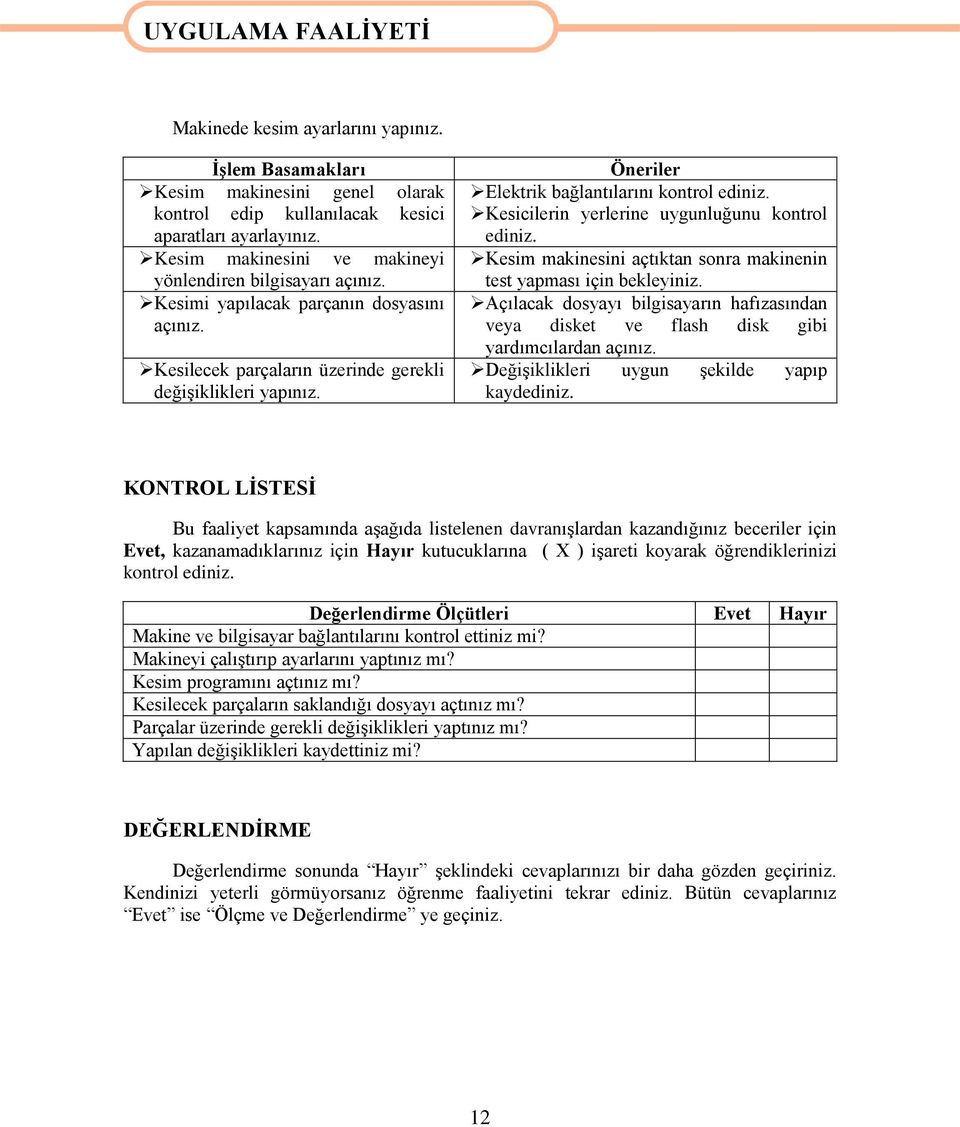 Öneriler Elektrik bağlantılarını kontrol ediniz. Kesicilerin yerlerine uygunluğunu kontrol ediniz. Kesim makinesini açtıktan sonra makinenin test yapması için bekleyiniz.