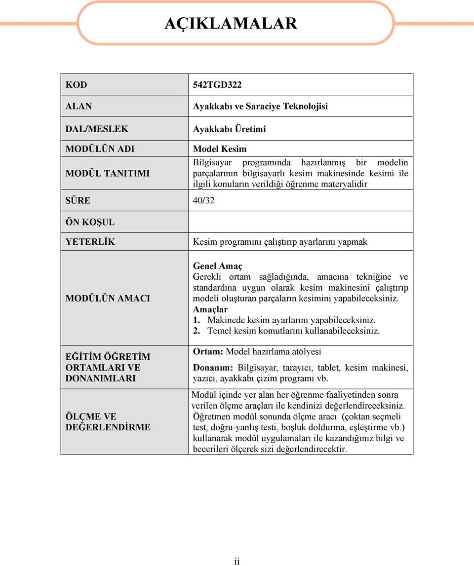 ÖĞRETĠM ORTAMLARI VE DONANIMLARI ÖLÇME VE DEĞERLENDĠRME Genel Amaç Gerekli ortam sağladığında, amacına tekniğine ve standardına uygun olarak kesim makinesini çalıģtırıp modeli oluģturan parçaların