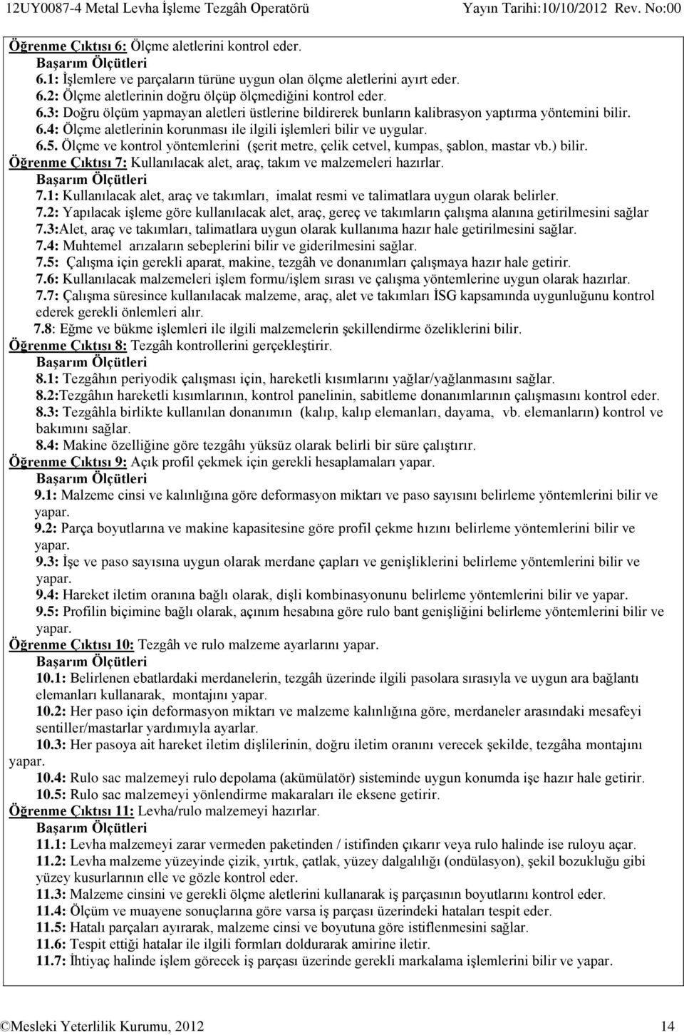 Öğrenme Çıktısı 7: Kullanılacak alet, araç, takım ve malzemeleri hazırlar. 7.1: Kullanılacak alet, araç ve takımları, imalat resmi ve talimatlara uygun olarak belirler. 7.2: Yapılacak işleme göre kullanılacak alet, araç, gereç ve takımların çalışma alanına getirilmesini sağlar 7.