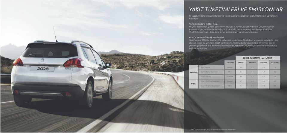 2 L e-vti* motor seçeneği Yeni Peugeot 2008 de 99g CO 2 /km emisyon düzeyinde bir benzinli versiyon sunulmasını sağlıyor.