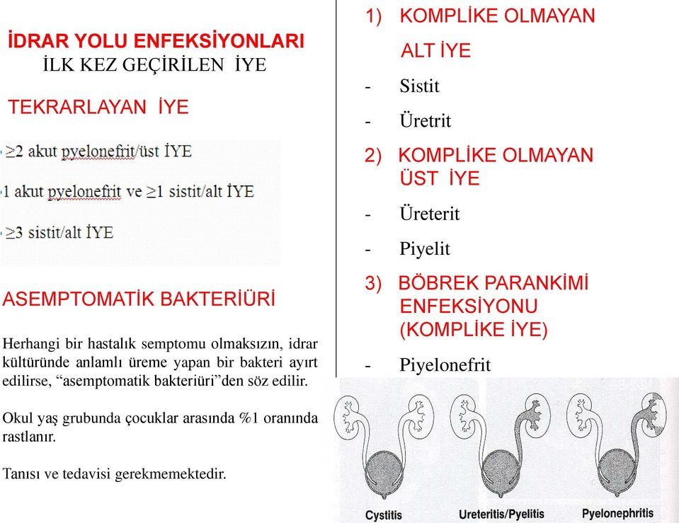 1) KOMPLİKE OLMAYAN ALT İYE - Sistit - Üretrit 2) KOMPLİKE OLMAYAN ÜST İYE - Üreterit - Piyelit 3) BÖBREK PARANKİMİ