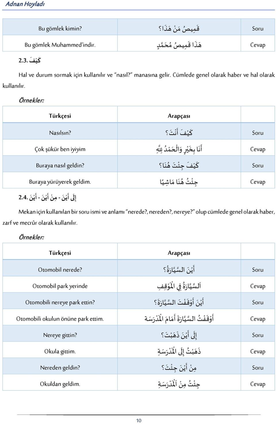 ك ي ف أنت Soru ك ي د وا ح نا ب خ Cevap ك ي ف ج ي ت هنا Soru ك ي ج ي ت هنا م اش ي ا Cevap Mekan için kullanılan bir soru ismi ve anlamı nerede?, nereden?, nereye?