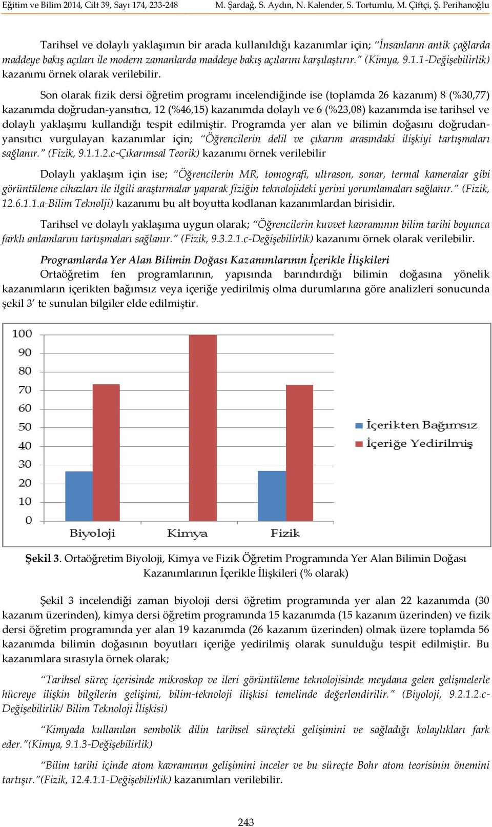 Son olarak fizik dersi öğretim programı incelendiğinde ise (toplamda 26 kazanım) 8 (%30,77) kazanımda doğrudan-yansıtıcı, 12 (%46,15) kazanımda dolaylı ve 6 (%23,08) kazanımda ise tarihsel ve dolaylı