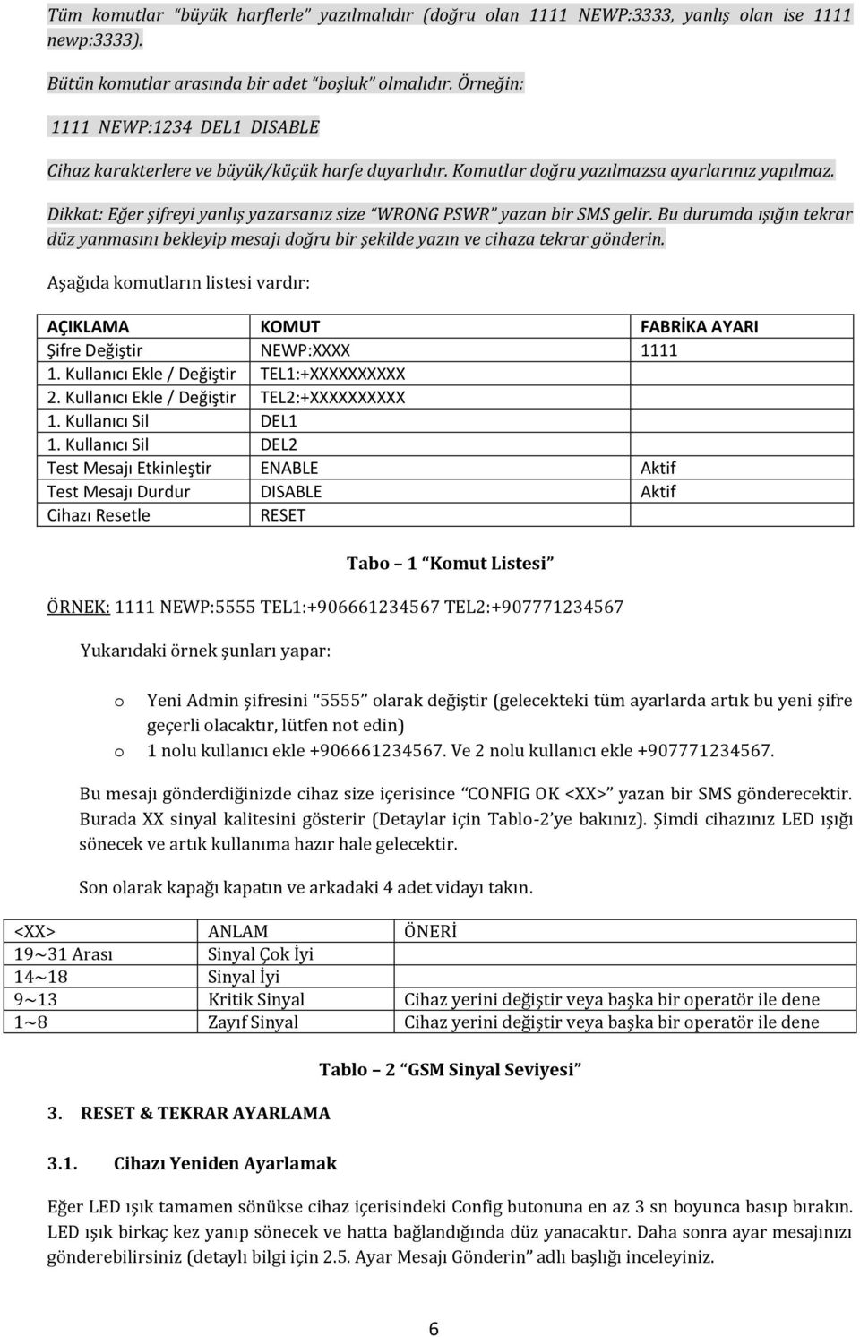 Dikkat: Eğer şifreyi yanlış yazarsanız size WRONG PSWR yazan bir SMS gelir. Bu durumda ışığın tekrar düz yanmasını bekleyip mesajı doğru bir şekilde yazın ve cihaza tekrar gönderin.