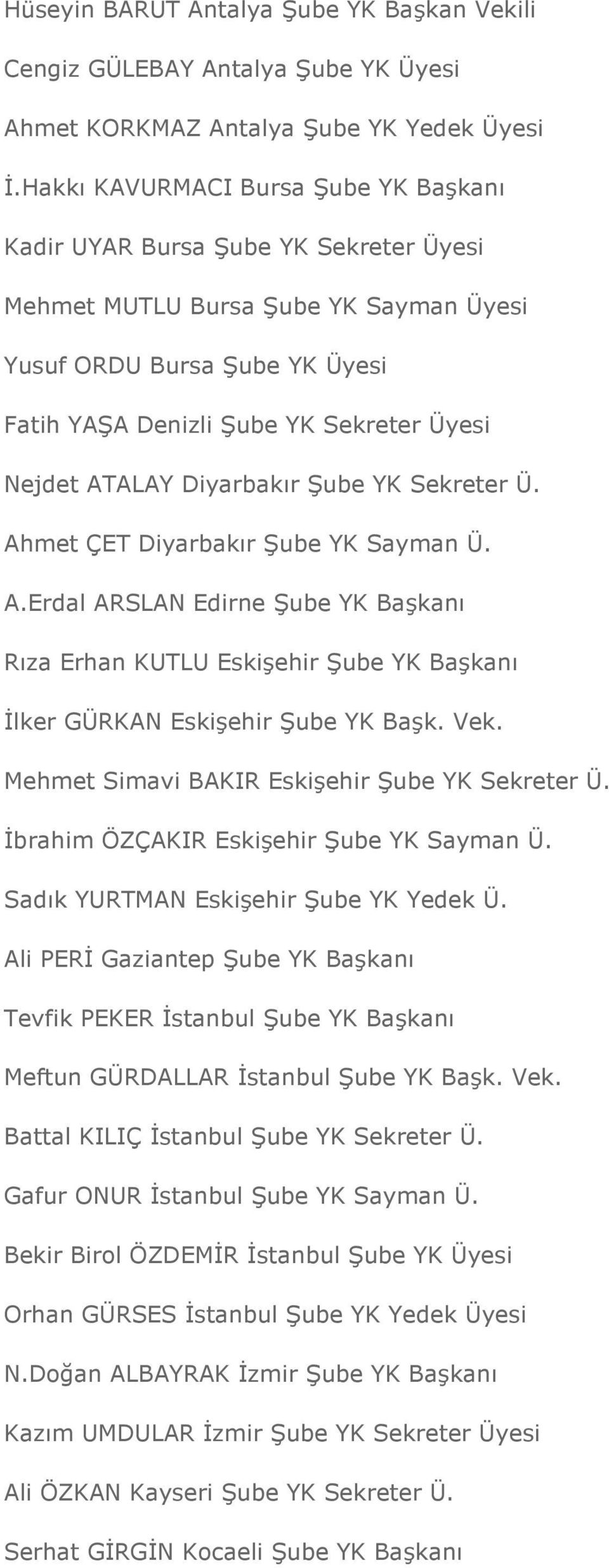 ATALAY Diyarbakır Şube YK Sekreter Ü. Ahmet ÇET Diyarbakır Şube YK Sayman Ü. A.Erdal ARSLAN Edirne Şube YK Başkanı Rıza Erhan KUTLU Eskişehir Şube YK Başkanı Đlker GÜRKAN Eskişehir Şube YK Başk. Vek.