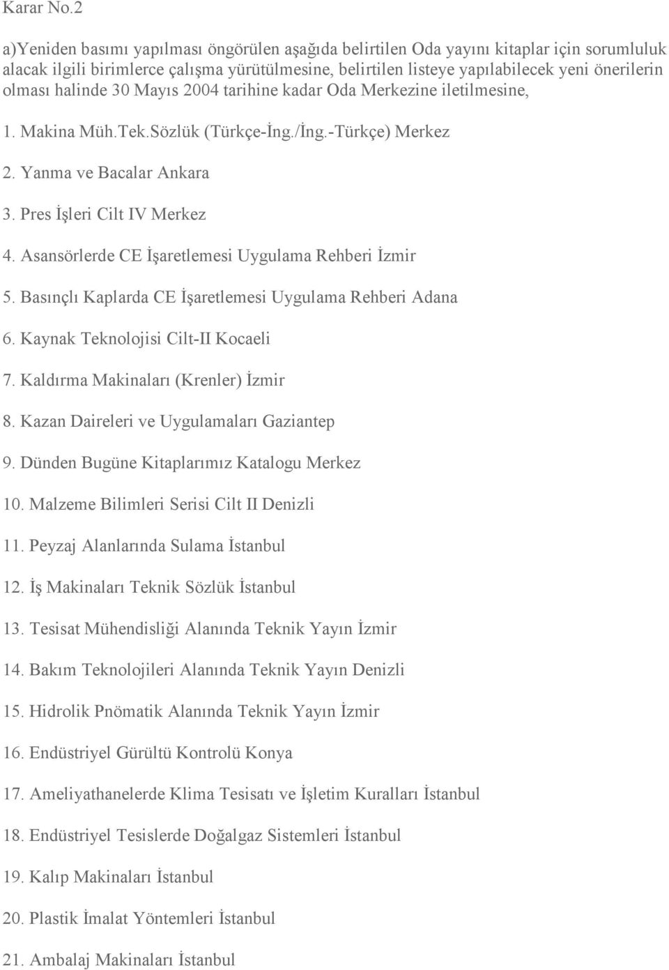 halinde 30 Mayıs 2004 tarihine kadar Oda Merkezine iletilmesine, 1. Makina Müh.Tek.Sözlük (Türkçe-Đng./Đng.-Türkçe) Merkez 2. Yanma ve Bacalar Ankara 3. Pres Đşleri Cilt IV Merkez 4.