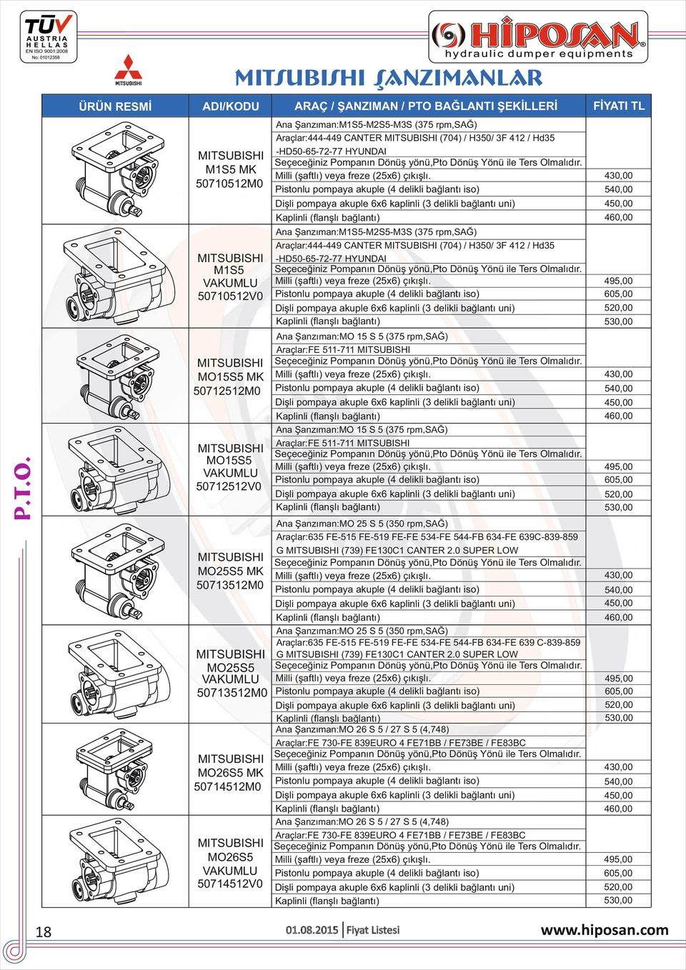 50710512V0 495,00 520,00 530,00 Ana Şanzıman:MO 15 S 5 (375 rpm,sağ) Araçlar:FE 511-711 MTSUBSH MTSUBSH MO15S5 MK 50712512M0 430,00 450,00 460,00 p.t.o.