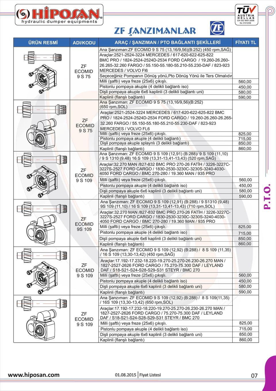 230-DAF / 823-923 MERCEDES / VOLVO Fl6 Ana Şanzıman: ZF ECOMD 9 S 75 (13,16/9,56)(B:252) (650 rpm,sol) Araçlar:2521-2524-3224 MERCEDES / 617-620-622-625-822 BMC PRO / 1824-2524-2524D-2534 FORD CARGO