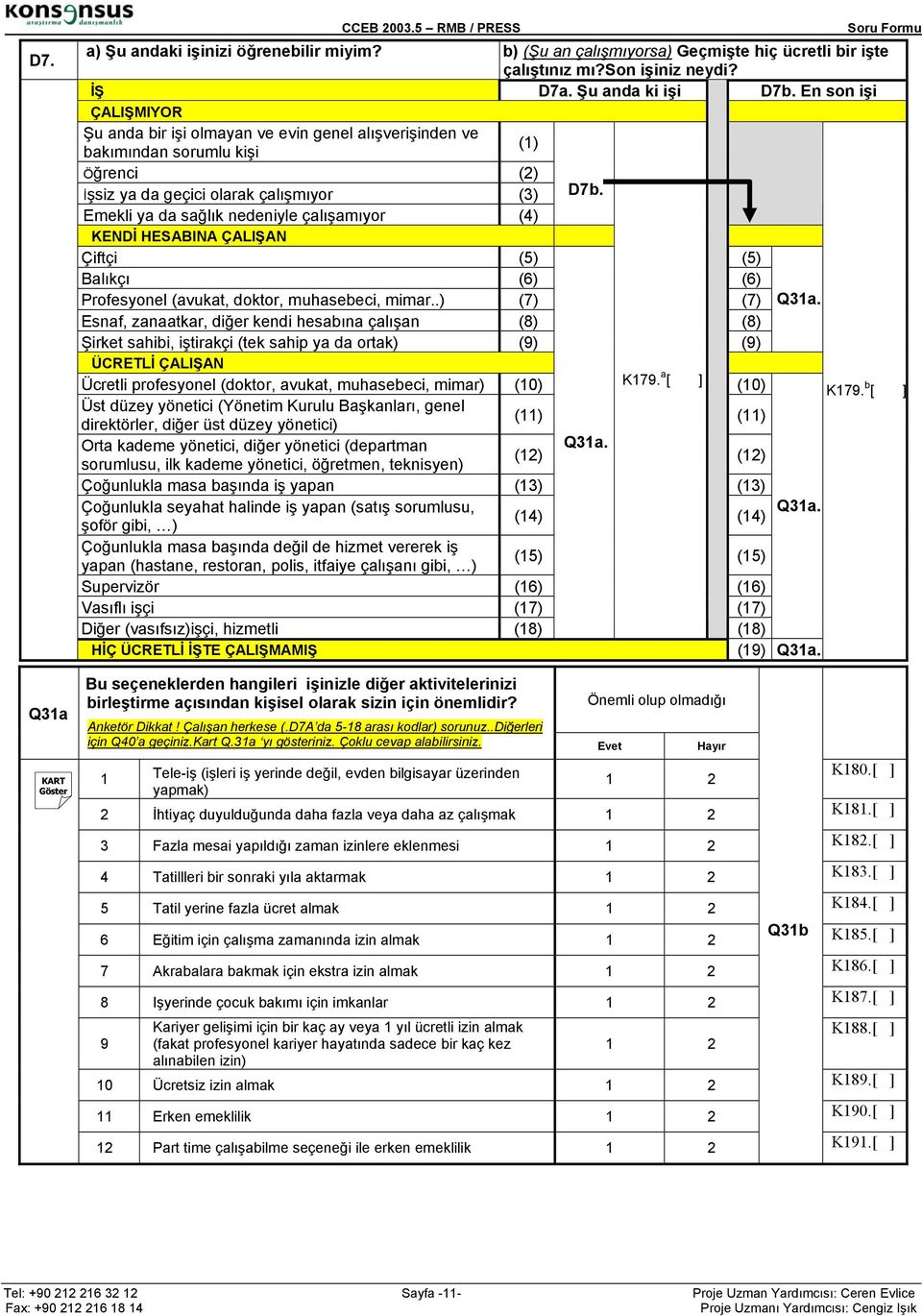 Emekli ya da sağlık nedeniyle çalışamıyor (4) KENDİ HESABINA ÇALIŞAN Çiftçi (5) (5) Balıkçı (6) (6) Profesyonel (avukat, doktor, muhasebeci, mimar..) (7) (7) Q31a.