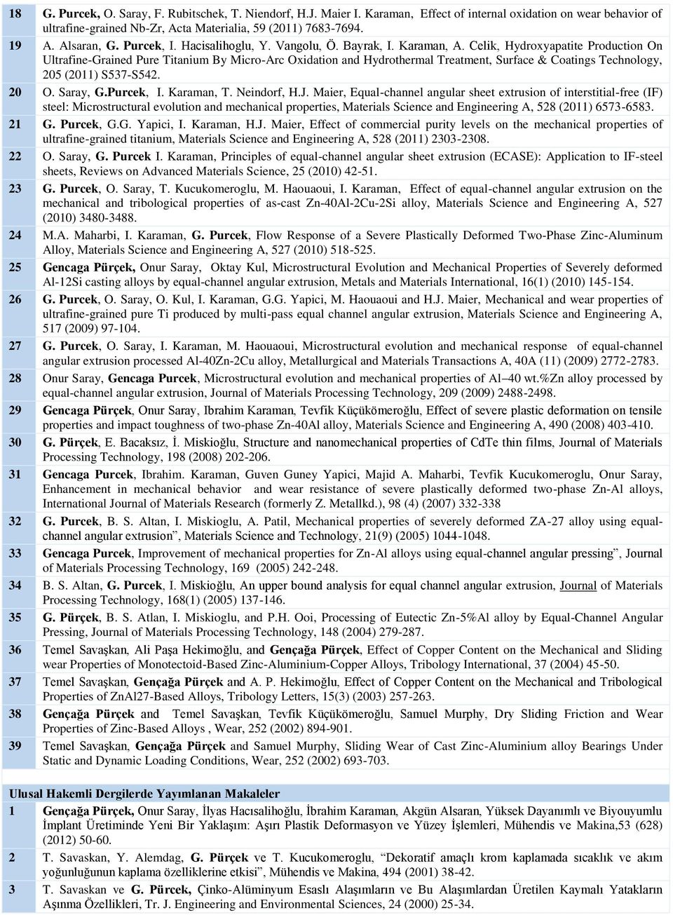 Celik, Hydroxyapatite Production On Ultrafine-Grained Pure Titanium By Micro-Arc Oxidation and Hydrothermal Treatment, Surface & Coatings Technology, 205 (2011) S537-S542. 20 O. Saray, G.Purcek, I.