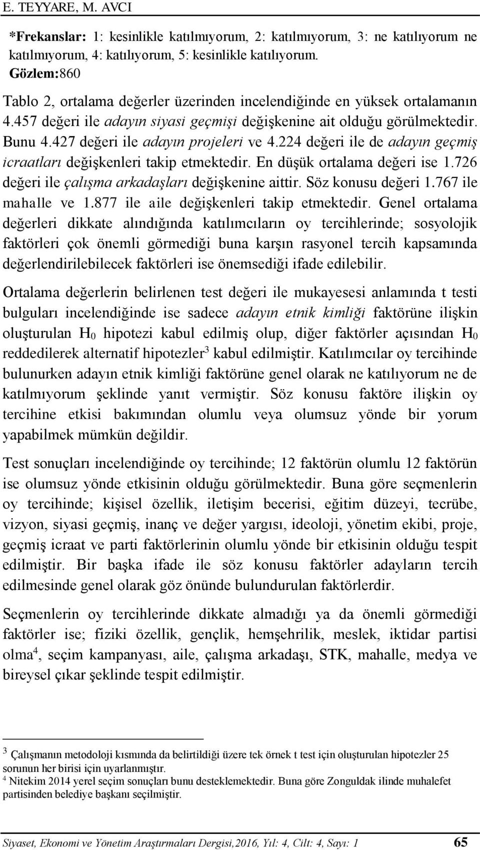 427 değeri ile adayın projeleri ve 4.224 değeri ile de adayın geçmiş icraatları değişkenleri takip etmektedir. En düşük ortalama değeri ise 1.726 değeri ile çalışma arkadaşları değişkenine aittir.