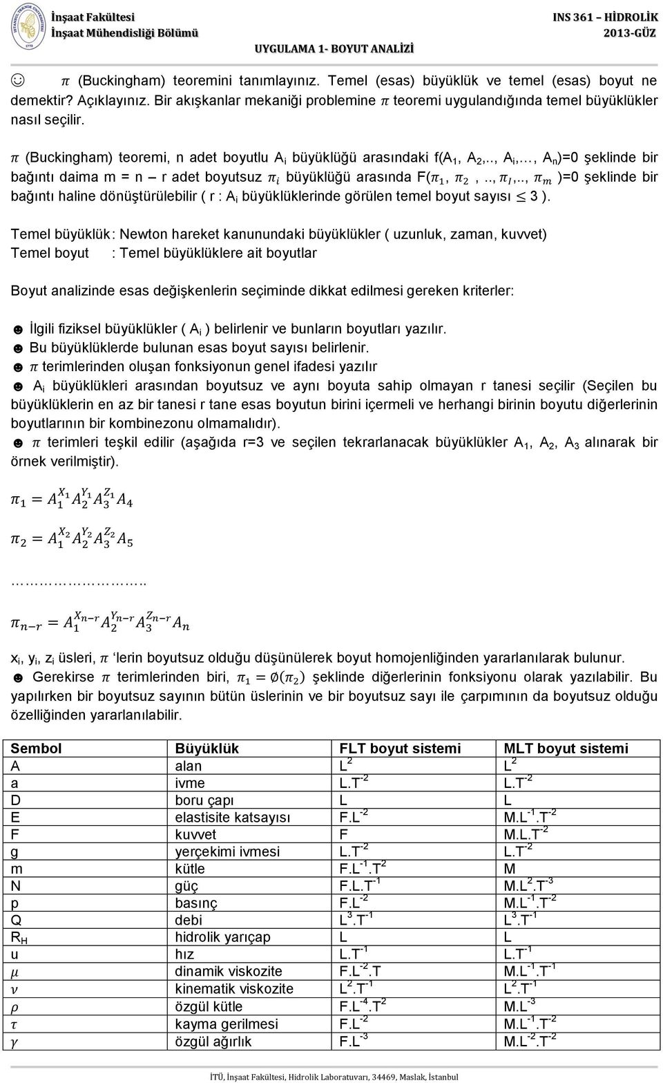 ., A i,, A n )=0 şekline bir bağıntı aima m = n r aet boyutsuz büyüklüğü arasına F(,,..,,.., )=0 şekline bir bağıntı haline önüştürülebilir ( r : A i büyüklüklerine görülen temel boyut sayısı 3 ).