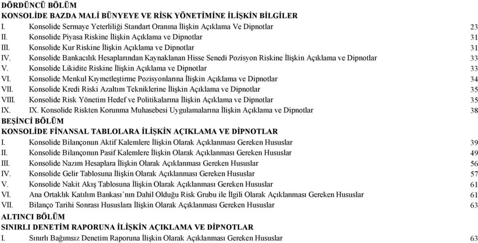 Konsolide Bankacılık Hesaplarından Kaynaklanan Hisse Senedi Pozisyon Riskine İlişkin Açıklama ve Dipnotlar 33 V. Konsolide Likidite Riskine İlişkin Açıklama ve Dipnotlar 33 VI.