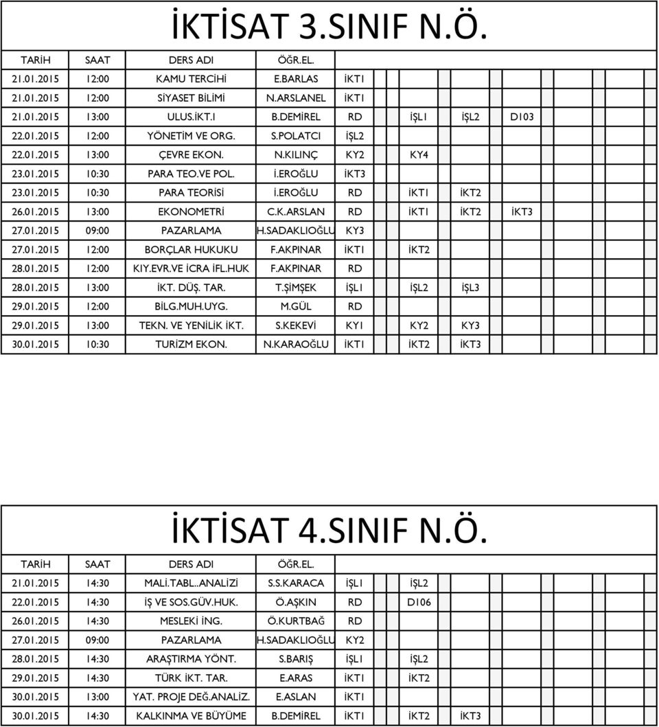 01.2015 09:00 PAZARLAMA H.SADAKLIOĞLU KY3 27.01.2015 12:00 BORÇLAR HUKUKU F.AKPINAR İKT1 İKT2 28.01.2015 12:00 KIY.EVR.VE İCRA İFL.HUK F.AKPINAR RD 28.01.2015 13:00 İKT. DÜŞ. TA